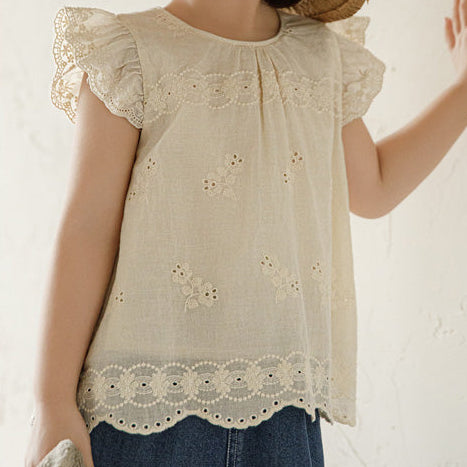 Ivory Broderie Embroidered Flutter Sleeve Blouse
