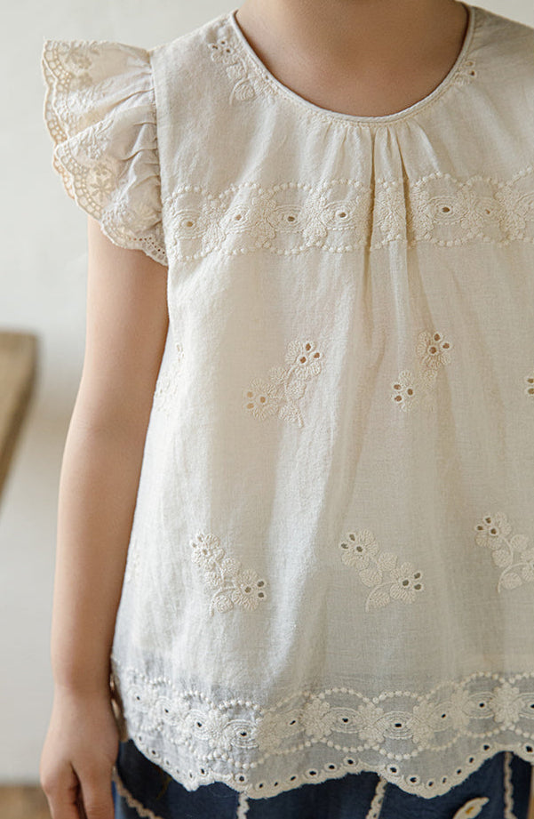 Ivory Broderie Embroidered Flutter Sleeve Blouse