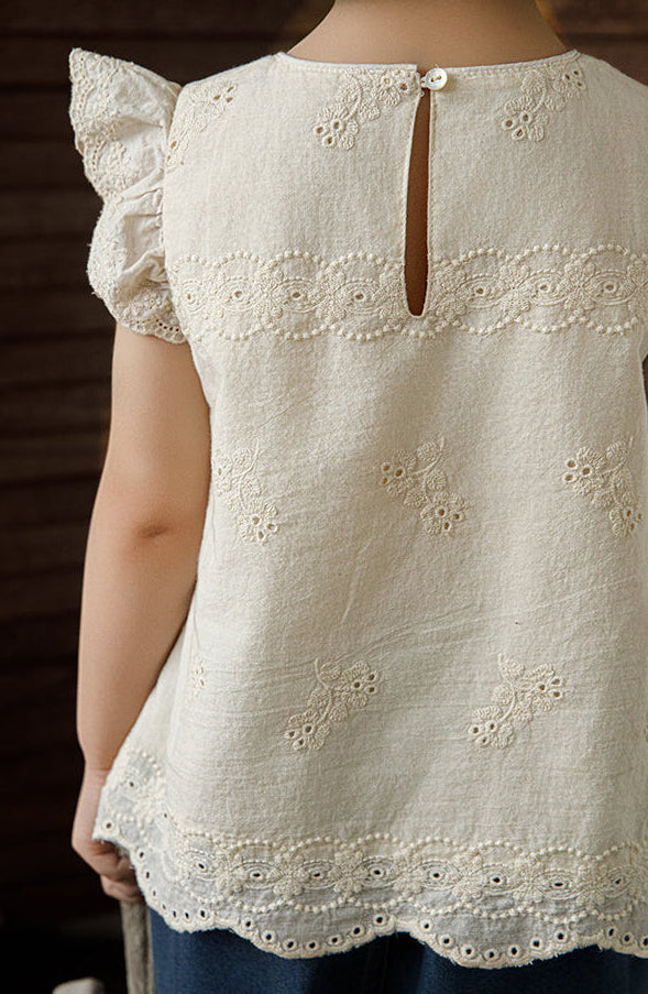 Ivory Broderie Embroidered Flutter Sleeve Blouse