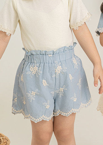 Powder Blue Floral Embroidered Lace 100% Cotton Shorts