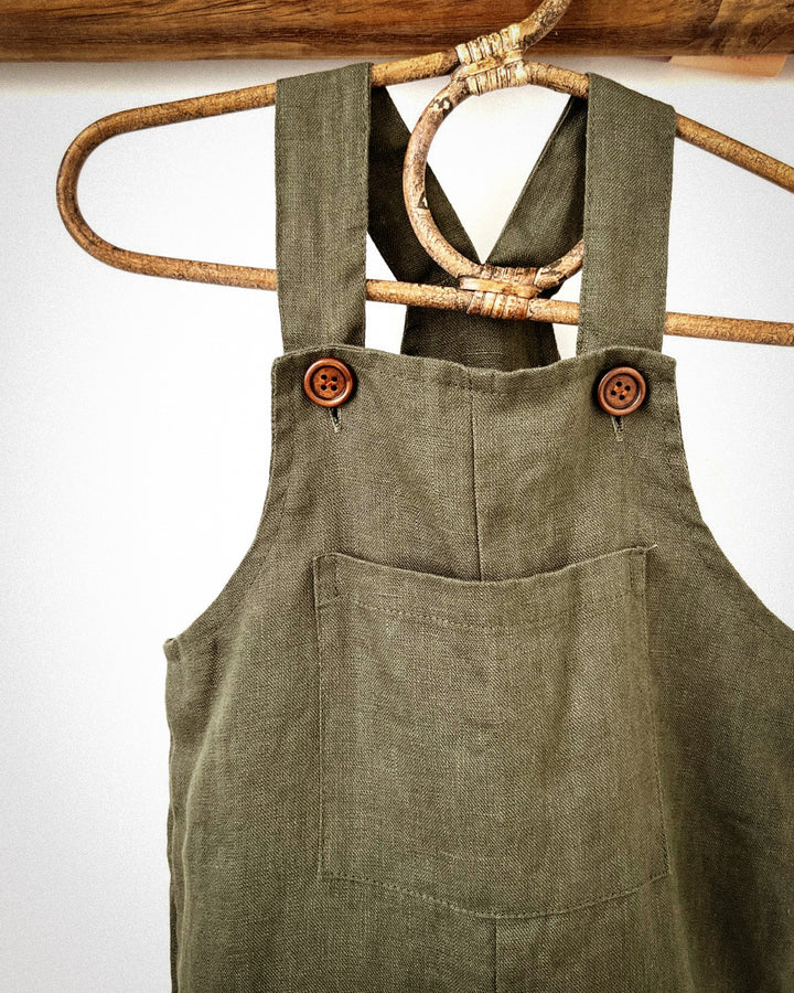 The Pure Linen Long Overalls in Earthy Olive