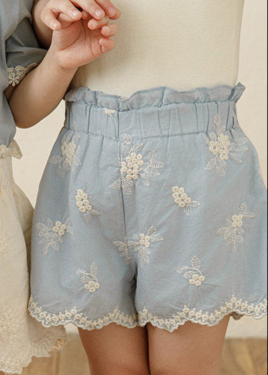 Powder Blue Floral Embroidered Lace 100% Cotton Shorts