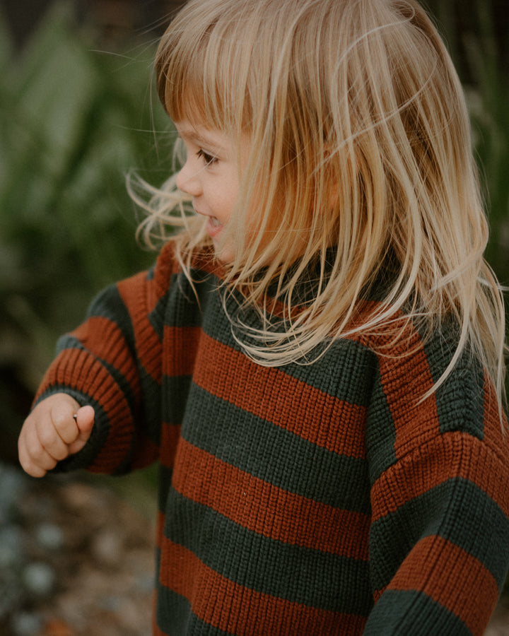 Two Tone Jumper in Forest & Rust Stripe