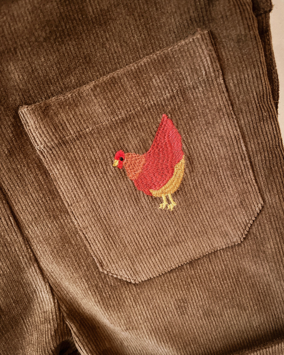 Soft Corduroy Chicken Embroidered Overalls - Long