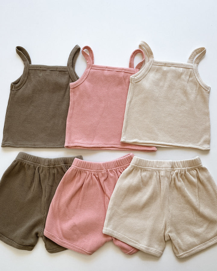 Waffle Singlet Top & Shorts Set - 100% Cotton - In Three Colourways