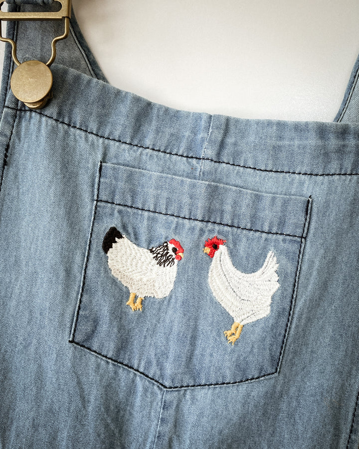 Soft Wash Denim Chicken Embroidered Overalls