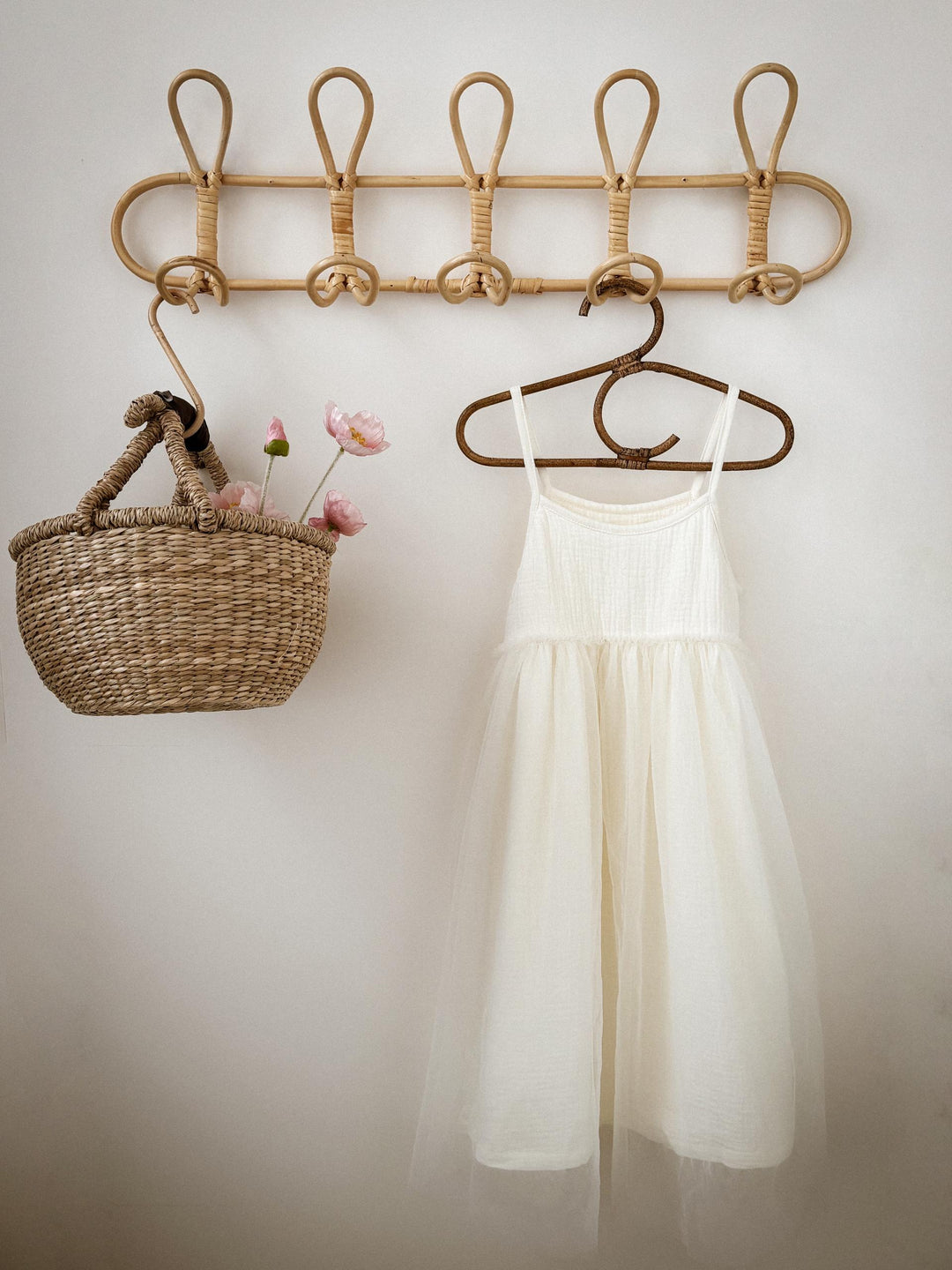 Neutral flower girl dress with layered chiffon tulle and cotton muslin bodice