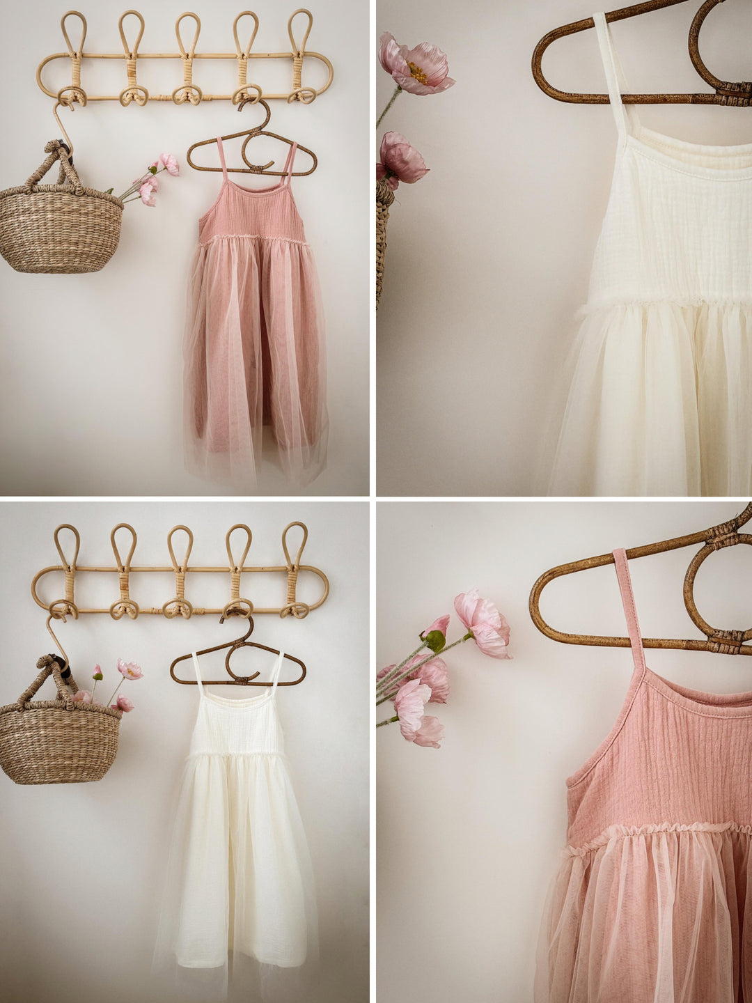 Girls soft midi tulle dress in white and pink with muslin bodice and double chiffon skirt