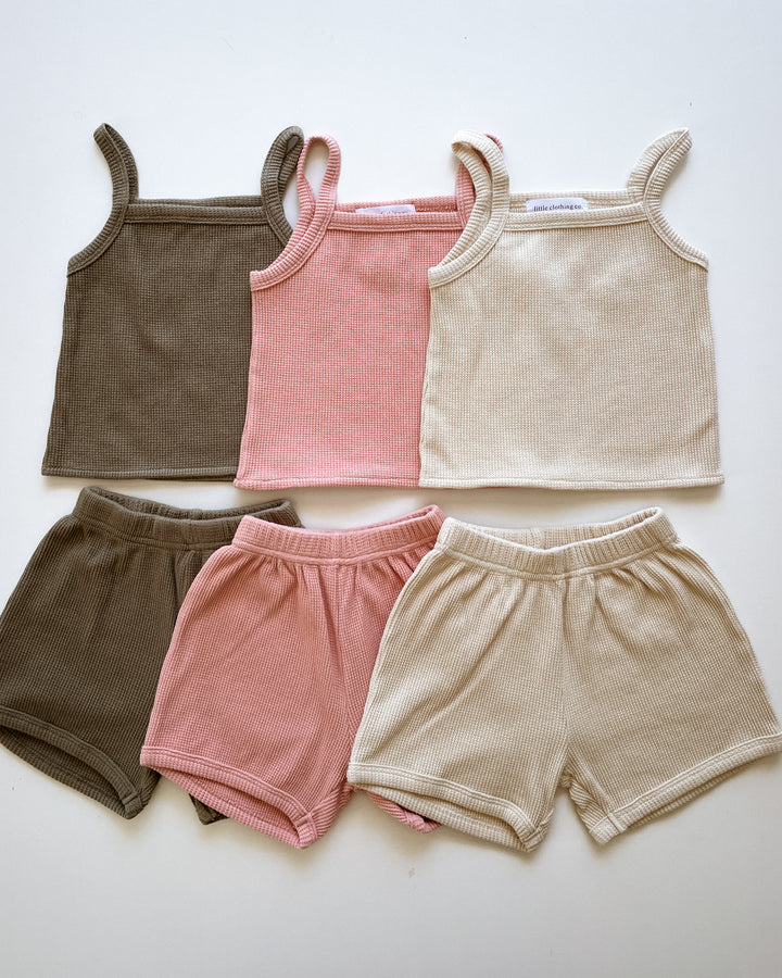 Waffle Singlet Top & Shorts Set - 100% Cotton - In Three Colourways