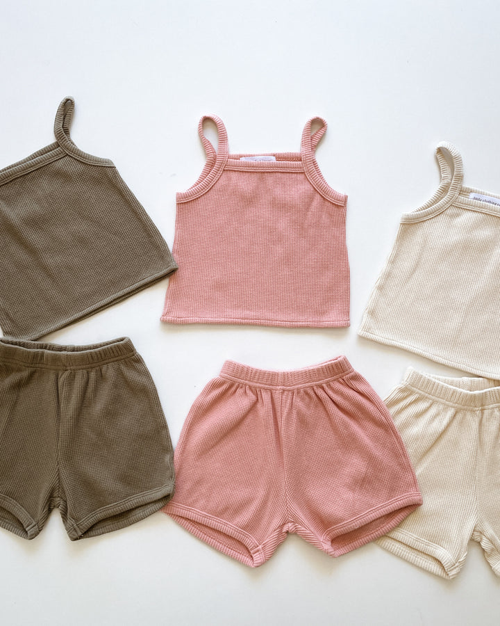 Waffle Singlet Top & Shorts Set - 100% Cotton - In Three Colourways