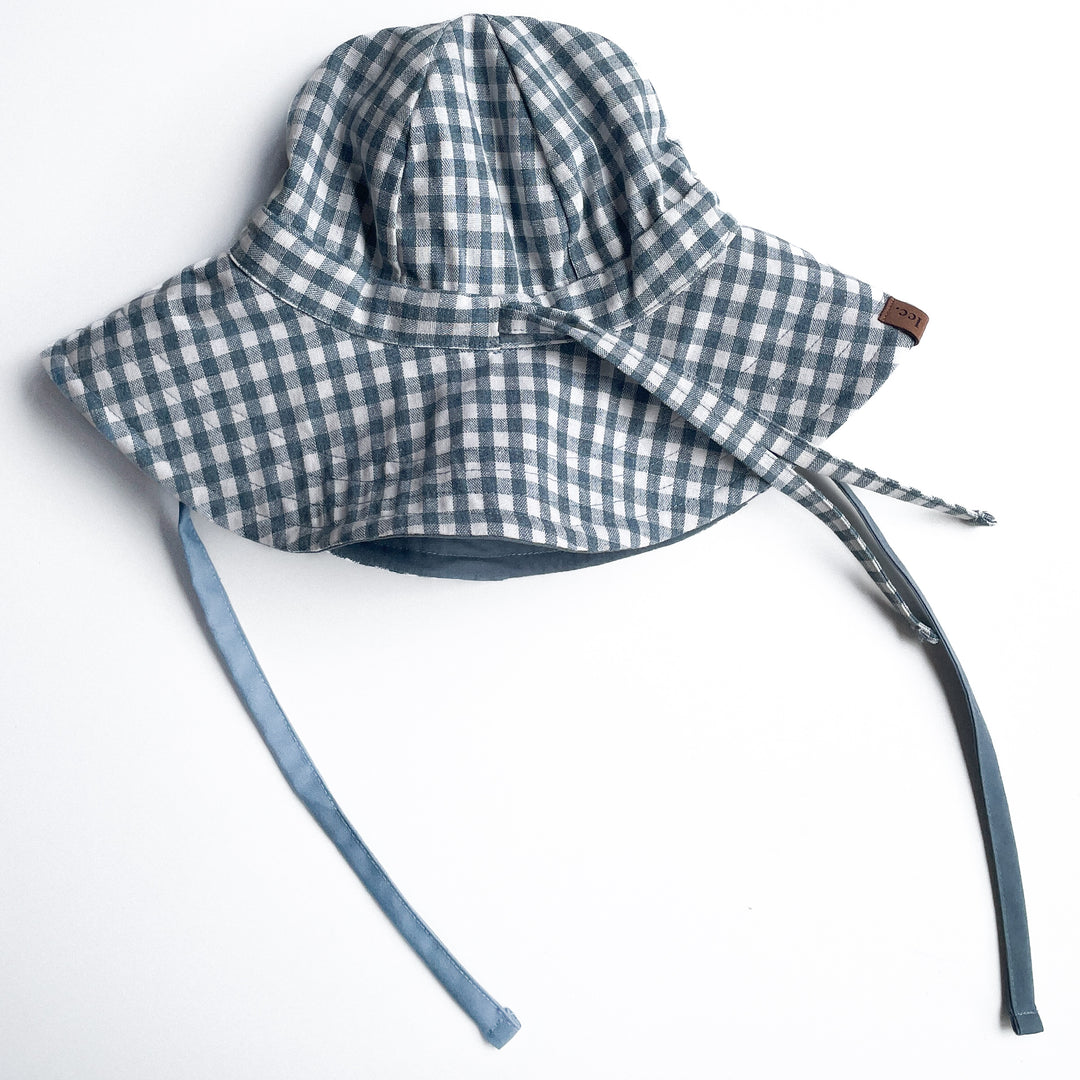 Reversible Sun Hat in 100% Linen Stripe & Blue Slate Check