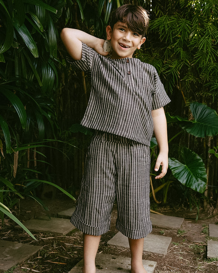 Pinstripe 3/4 Length Vintage Woven Shorts - Cotton & Recycled Natural Fibres