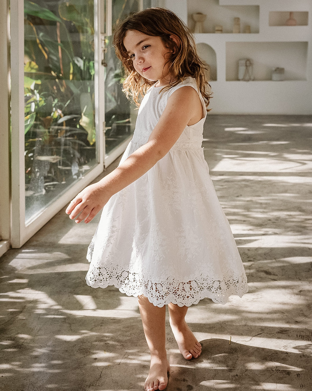 Whimsy Heirloom Sleeveless Dress In Soft Vintage White