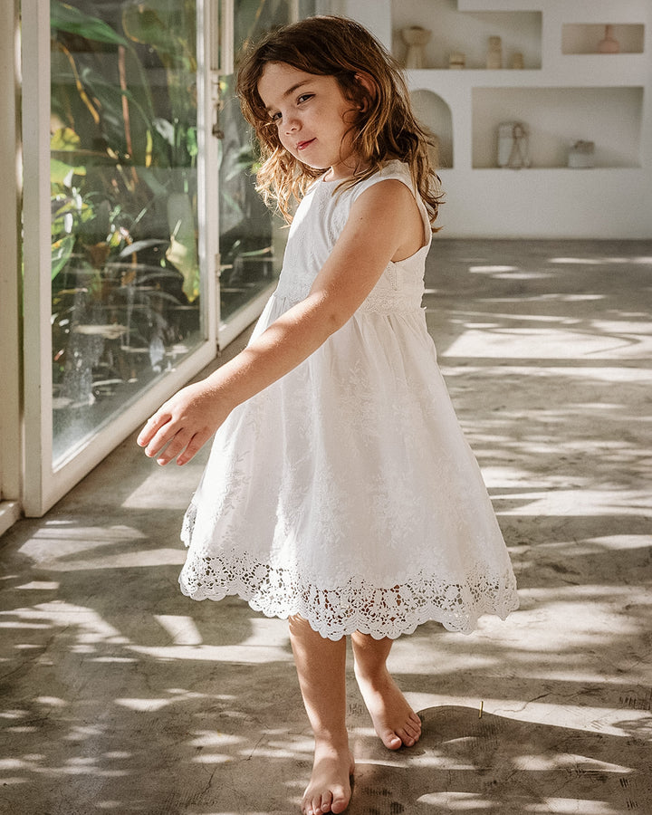 Whimsy Heirloom Sleeveless Dress In Soft Vintage White