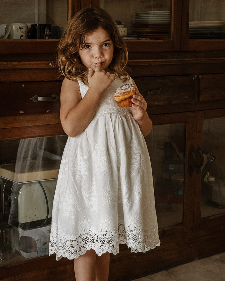 Whimsy Heirloom Sleeveless Dress In Soft Vintage White