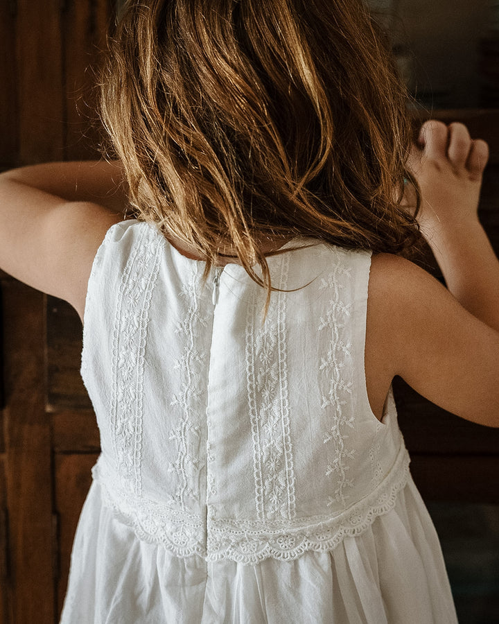 Whimsy Heirloom Sleeveless Dress In Soft Vintage White