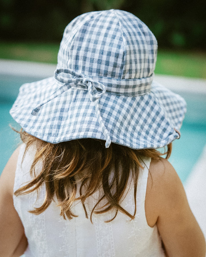 Reversible Sun Hat in 100% Linen Stripe & Blue Slate Check