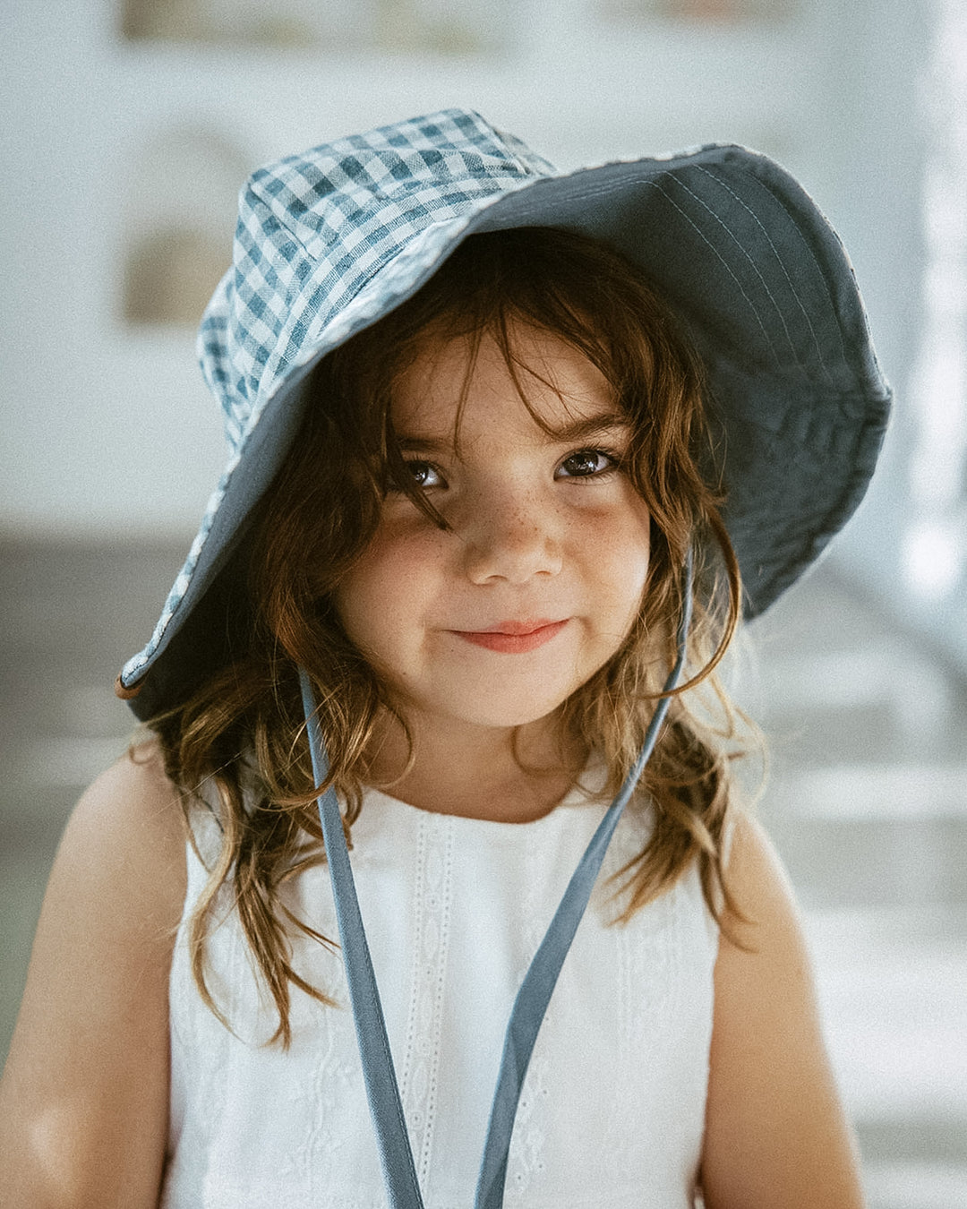 Reversible Sun Hat in 100% Linen Stripe & Blue Slate Check