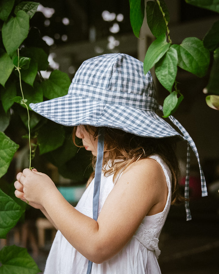 Reversible Sun Hat in 100% Linen Stripe & Blue Slate Check