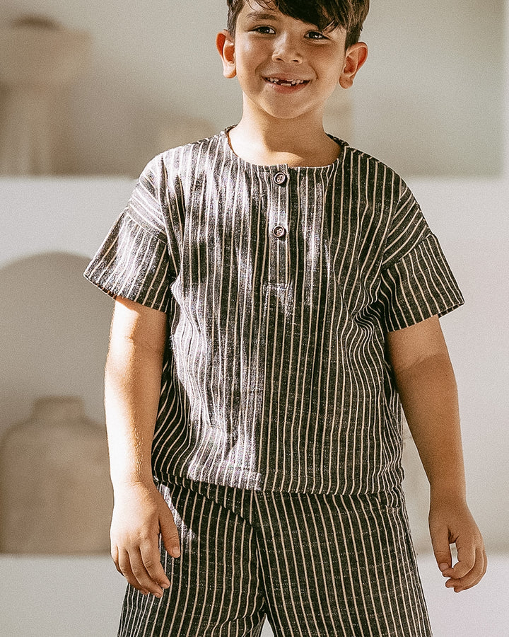 Pinstripe 3/4 Length Vintage Woven Shorts - Cotton & Recycled Natural Fibres