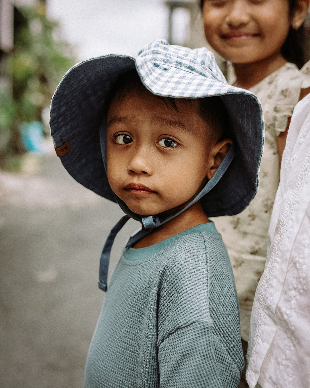Reversible Sun Hat in 100% Linen Stripe & Blue Slate Check