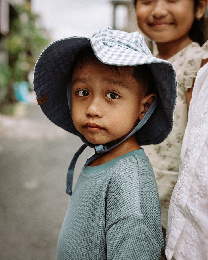 Reversible Sun Hat in 100% Linen Stripe & Blue Slate Check