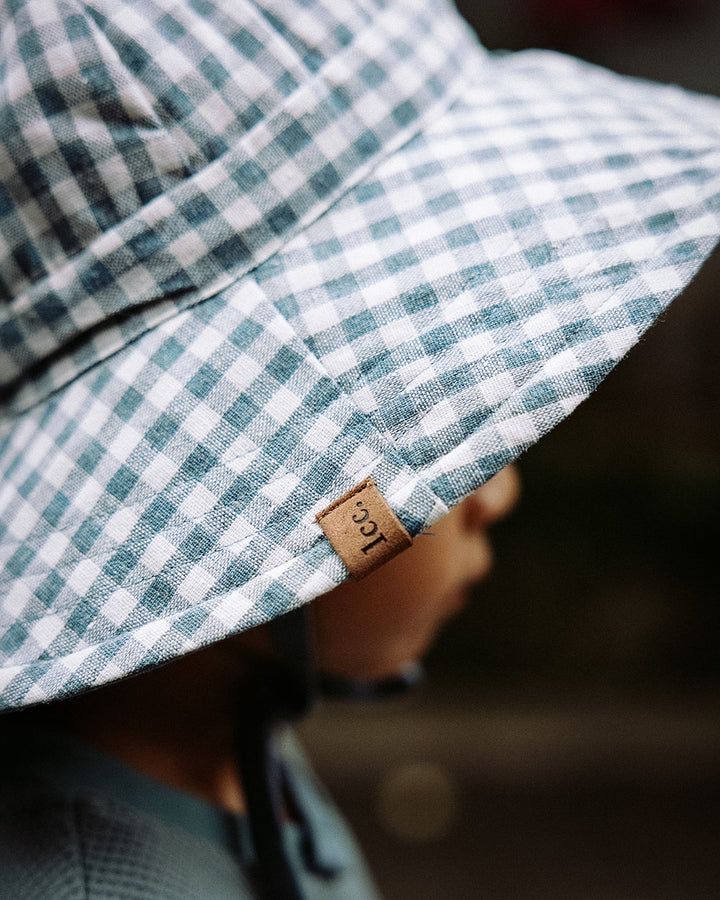 Reversible Sun Hat in 100% Linen Stripe & Blue Slate Check