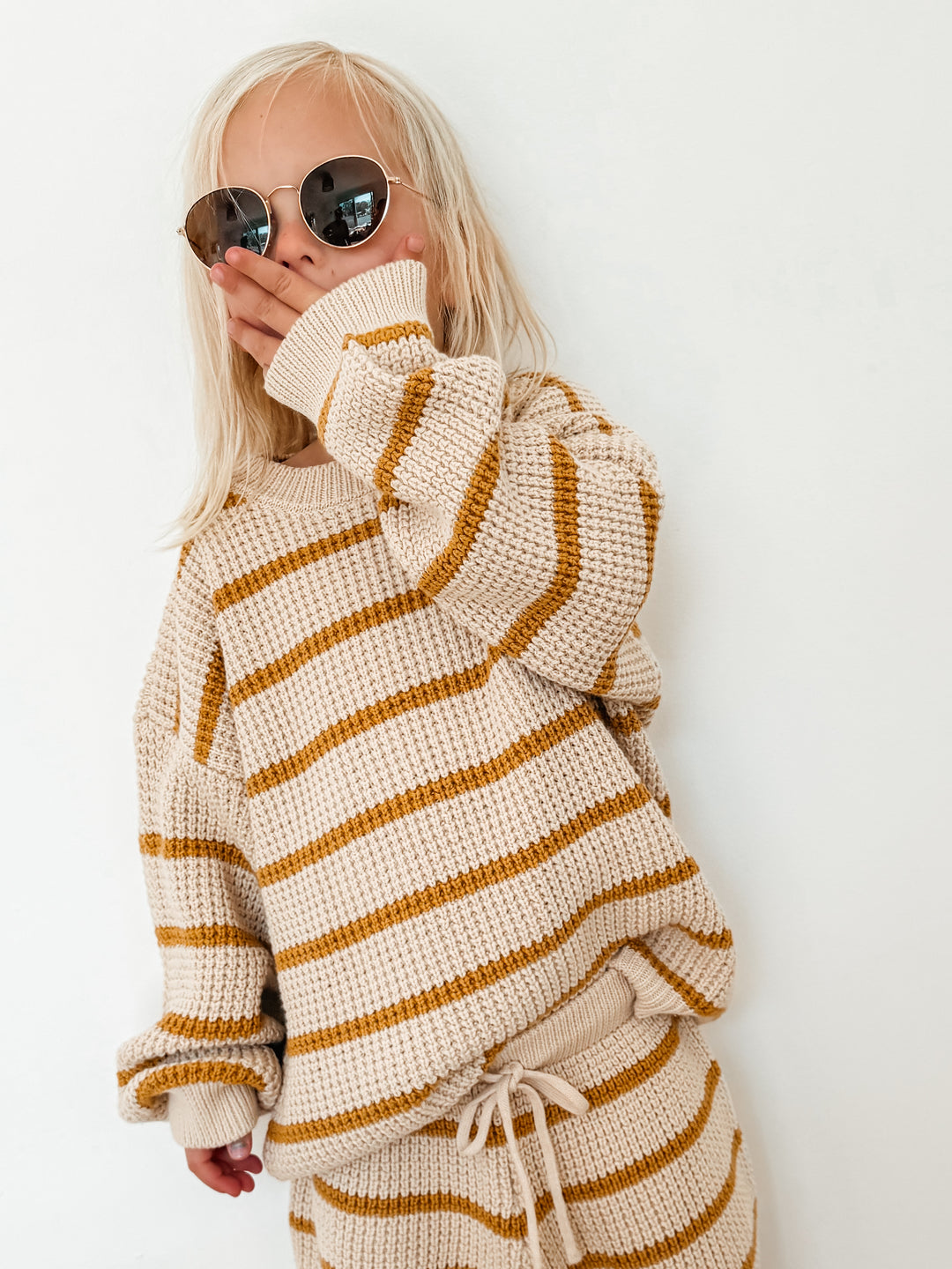 Pure Cotton Mustard Stripe Waffle Knit Jumper