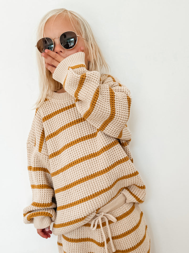 Pure Cotton Mustard Stripe Waffle Knit Jumper