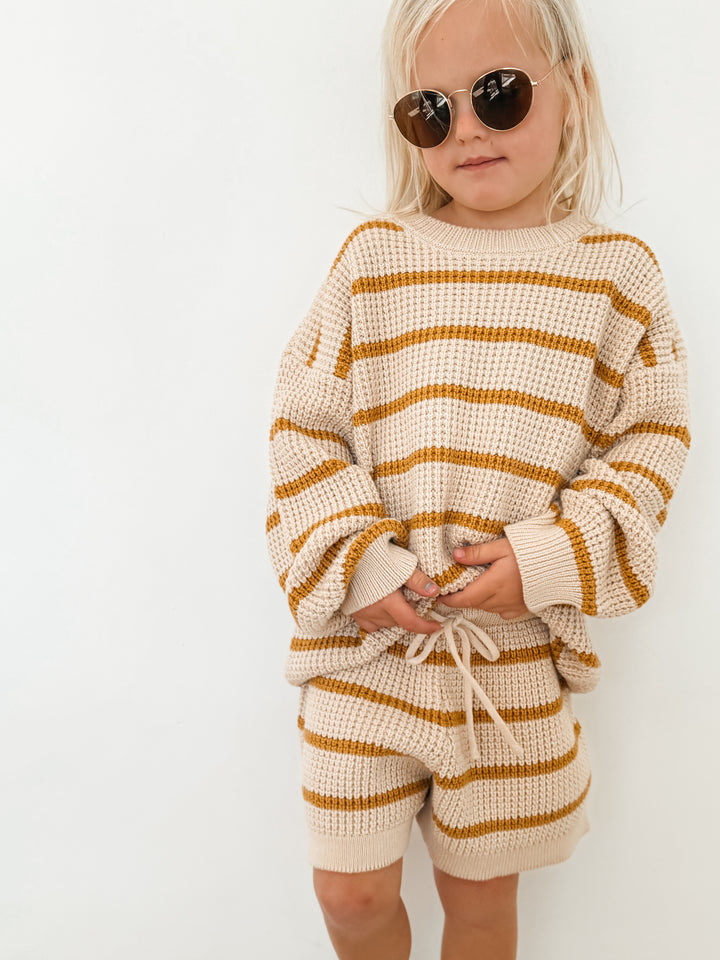 Pure Cotton Mustard Stripe Waffle Knit Shorts