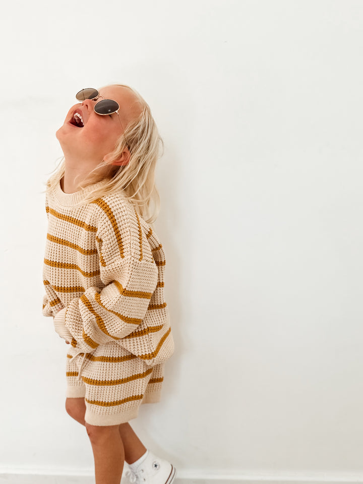 Pure Cotton Mustard Stripe Waffle Knit Shorts
