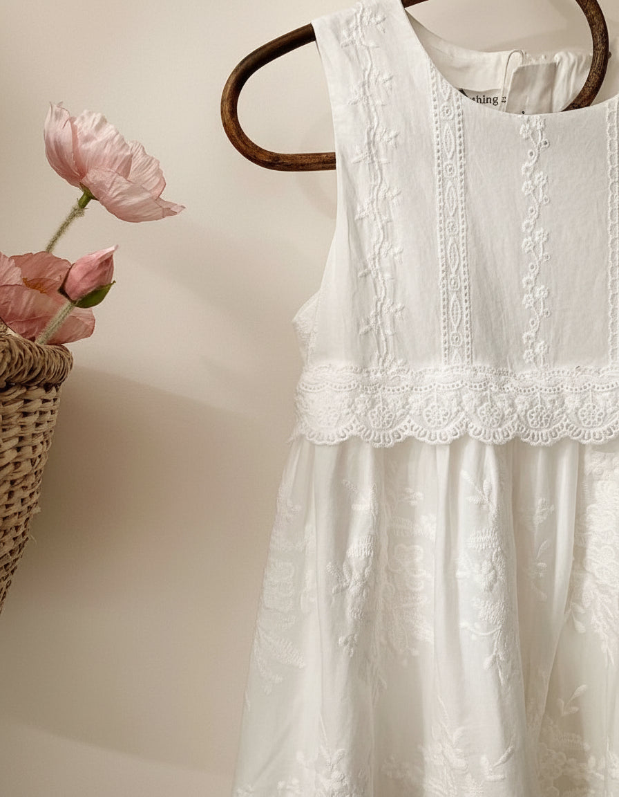 Whimsy Heirloom Sleeveless Dress In Soft Vintage White