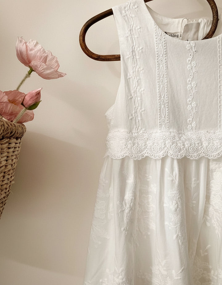 Whimsy Heirloom Sleeveless Dress In Soft Vintage White