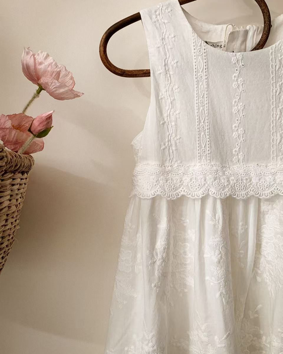 Whimsy Heirloom Sleeveless Dress In Soft Vintage White