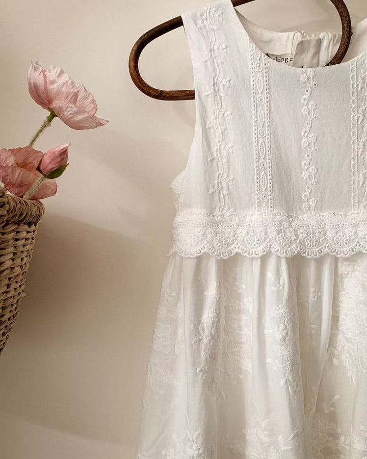 Whimsy Heirloom Sleeveless Dress In Soft Vintage White