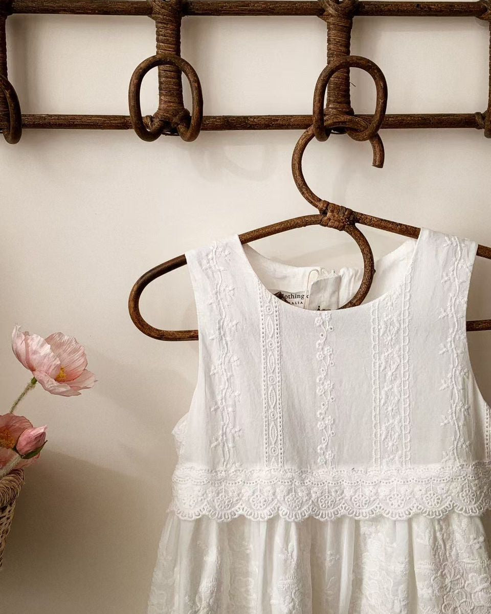 Whimsy Heirloom Sleeveless Dress In Soft Vintage White