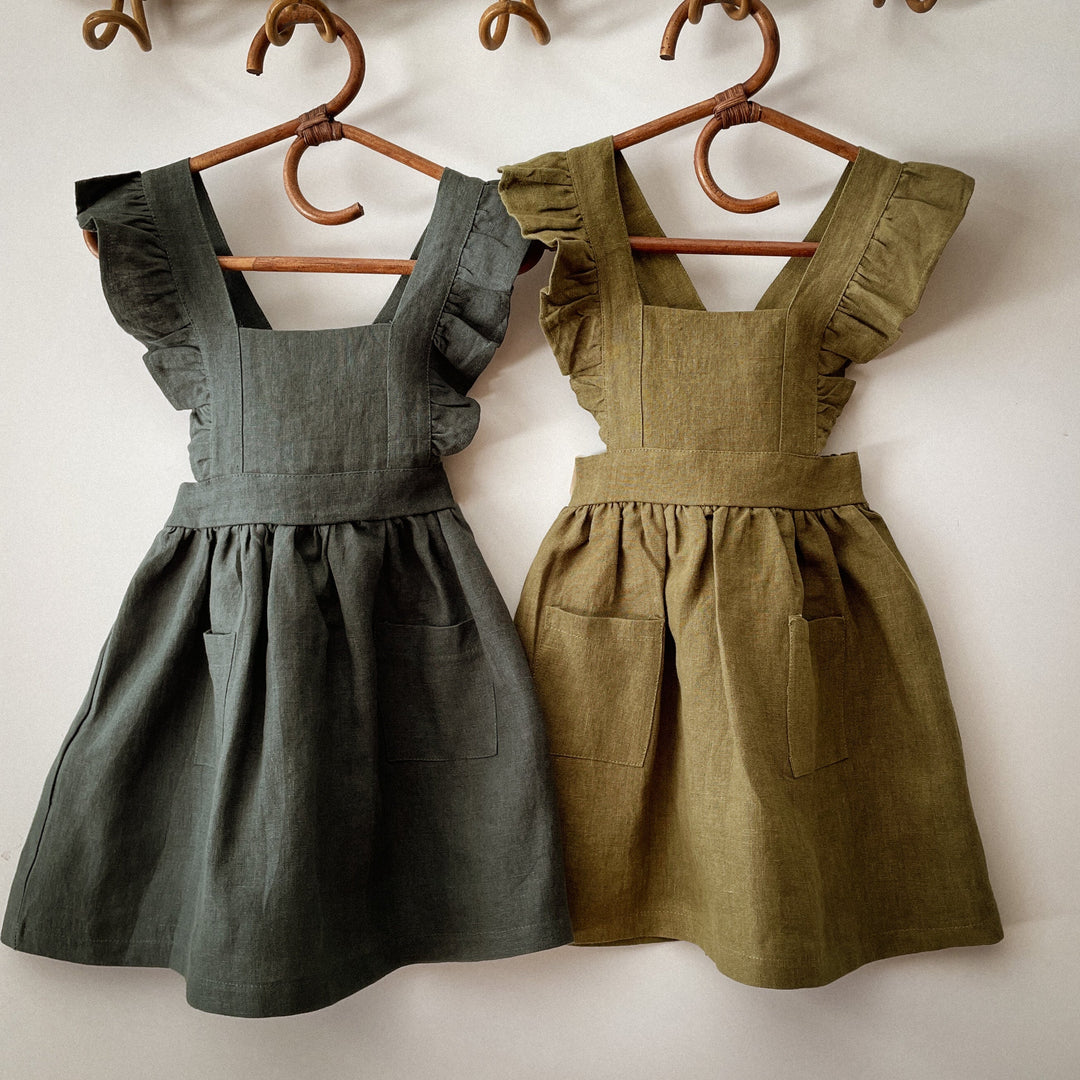 SECONDS - SIZE 6-12M, 1-2, 3-4 Vintage Dreams 100% Linen Pinafore Dress - Now in Five Colourways!