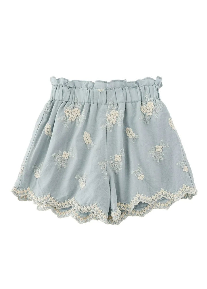 Powder Blue Floral Embroidered Lace 100% Cotton Shorts