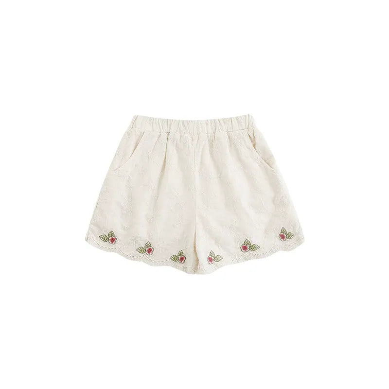 Scalloped Embroidered Blossom Cotton Shorts