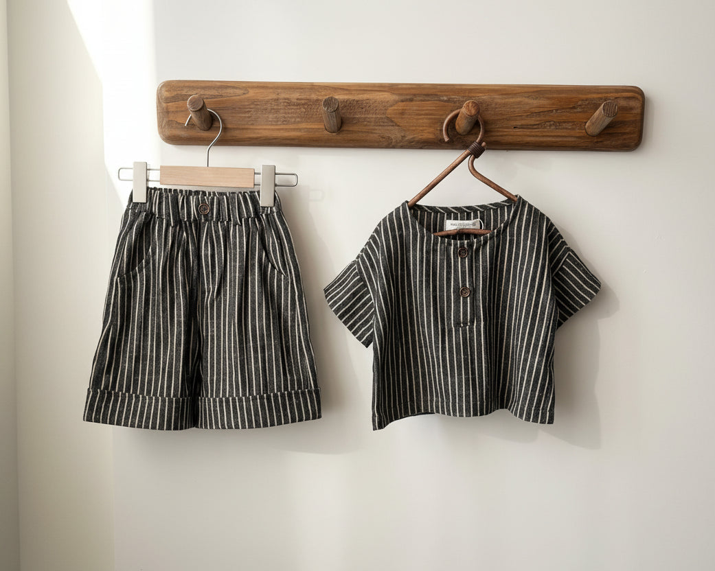 Pinstripe 3/4 Length Vintage Woven Shorts - Cotton & Recycled Natural Fibres