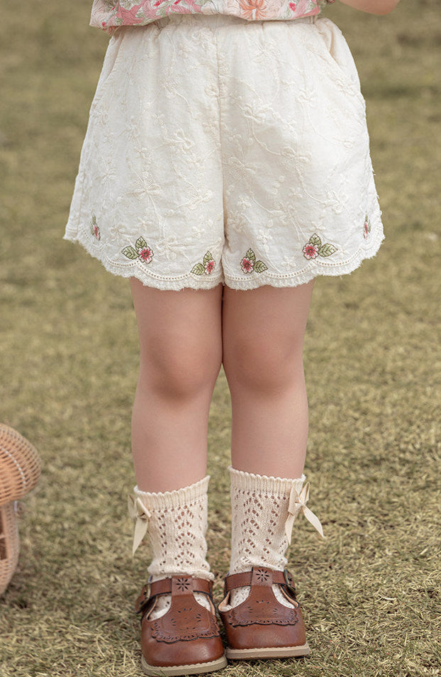 Scalloped Embroidered Blossom Cotton Shorts