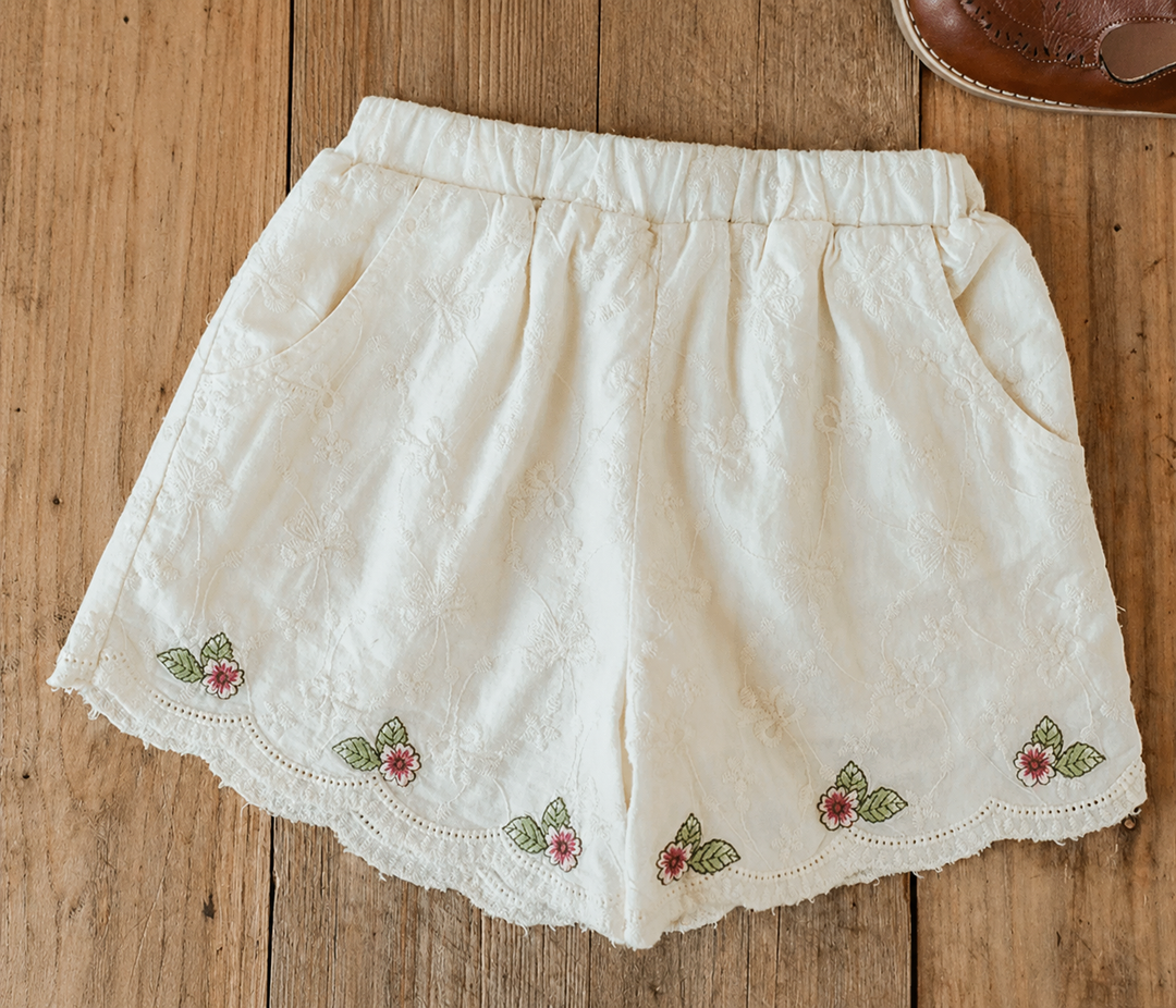 Scalloped Embroidered Blossom Cotton Shorts