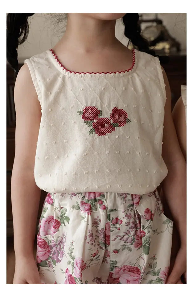 Embroidered Roses Button Back Top