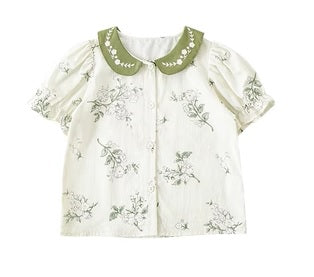 Floral Print Embroidered Blouse with Collar