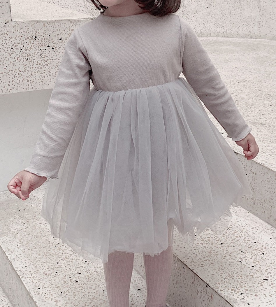 Rib Long Sleeve Tulle Dress