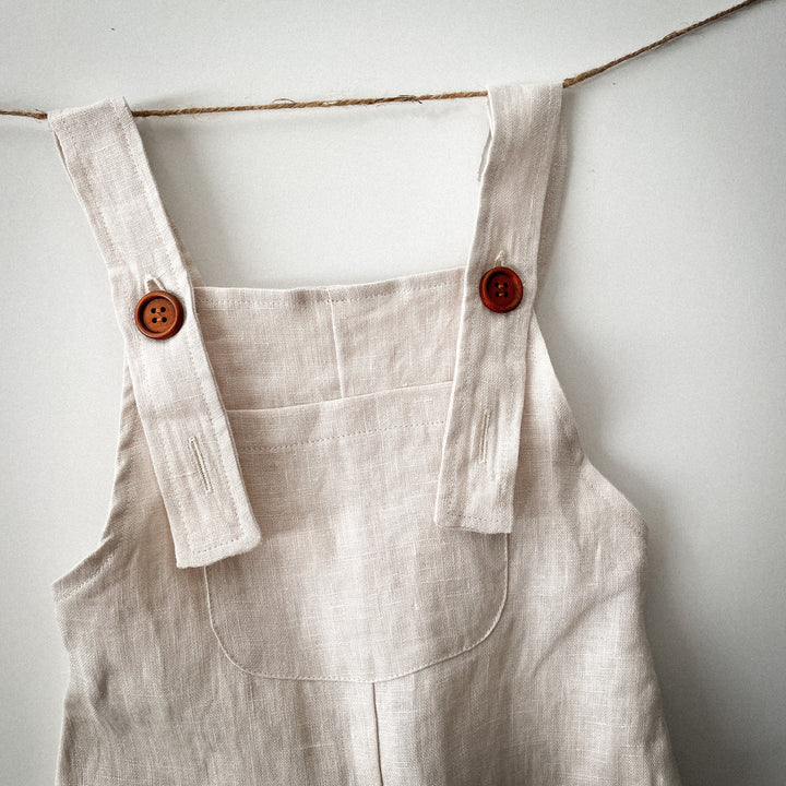 Stone Washed Linen Overalls in Deep Olive & Natural