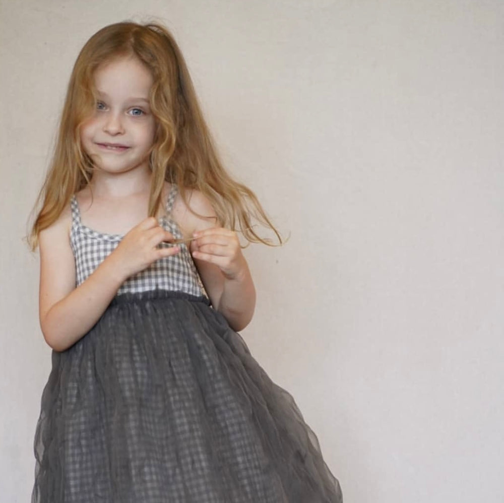 Grey gingham girls tulle party dress with cotton linen bodice and layered chiffon