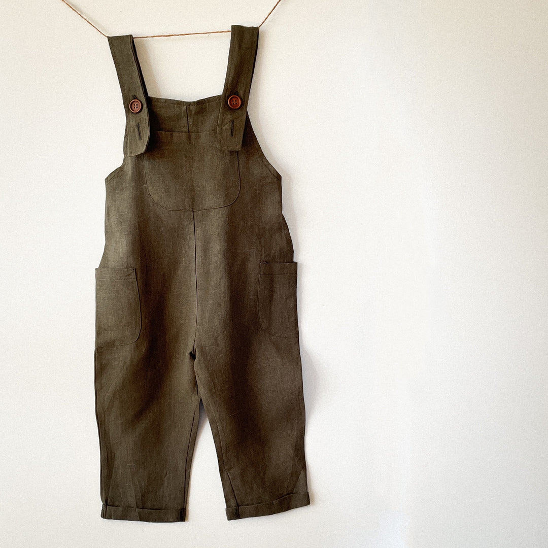 Stone Washed Linen Overalls in Deep Olive & Natural