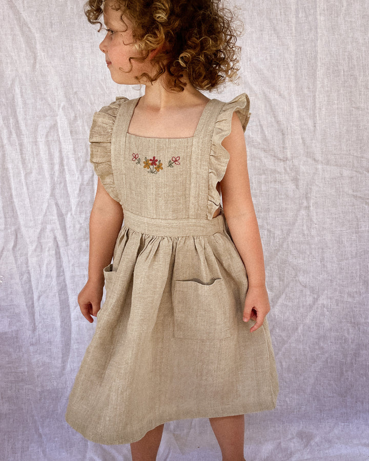Embroidered Vintage Dreams 100% Linen Pinafore Dress