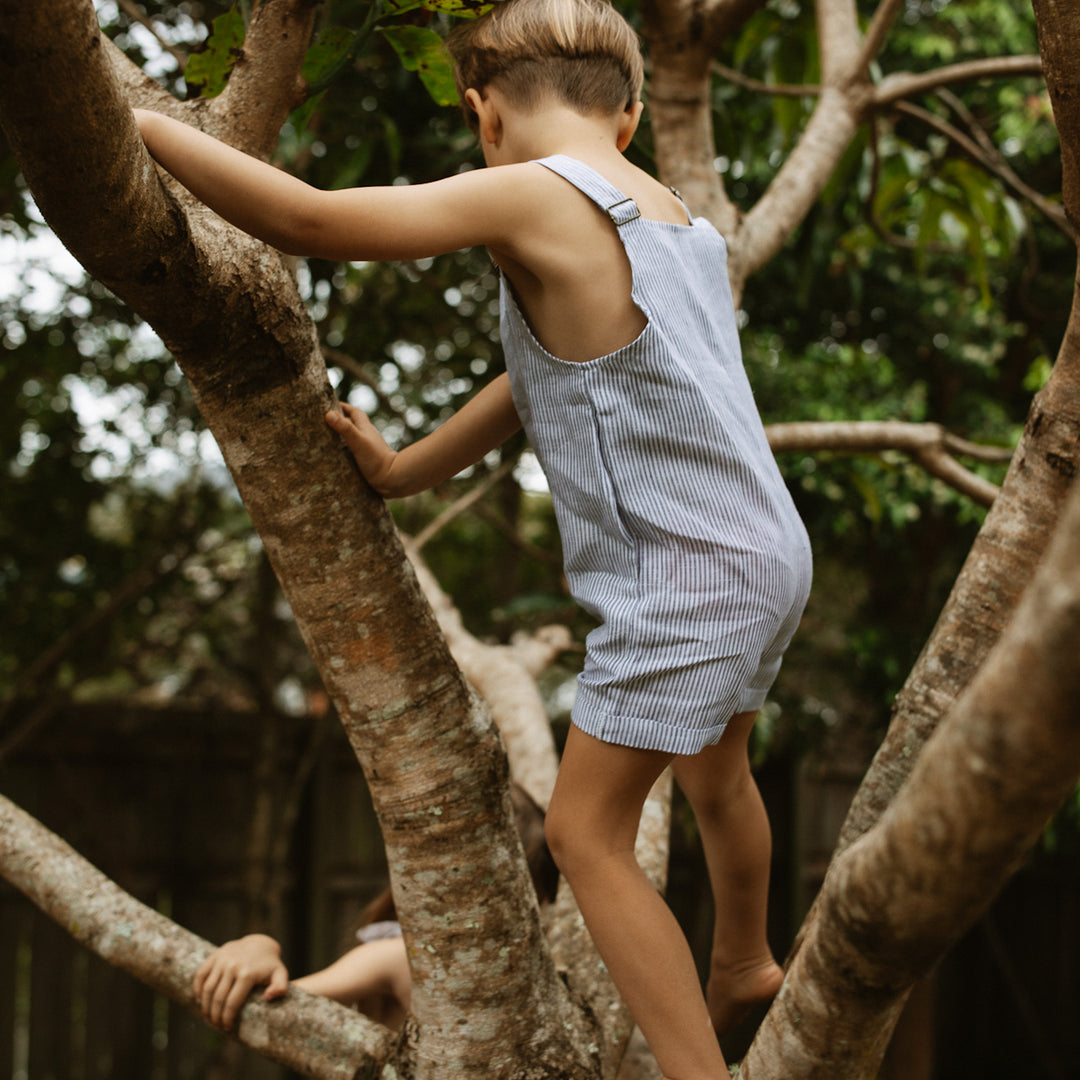 Classic Blue Striped 100% Linen Overalls